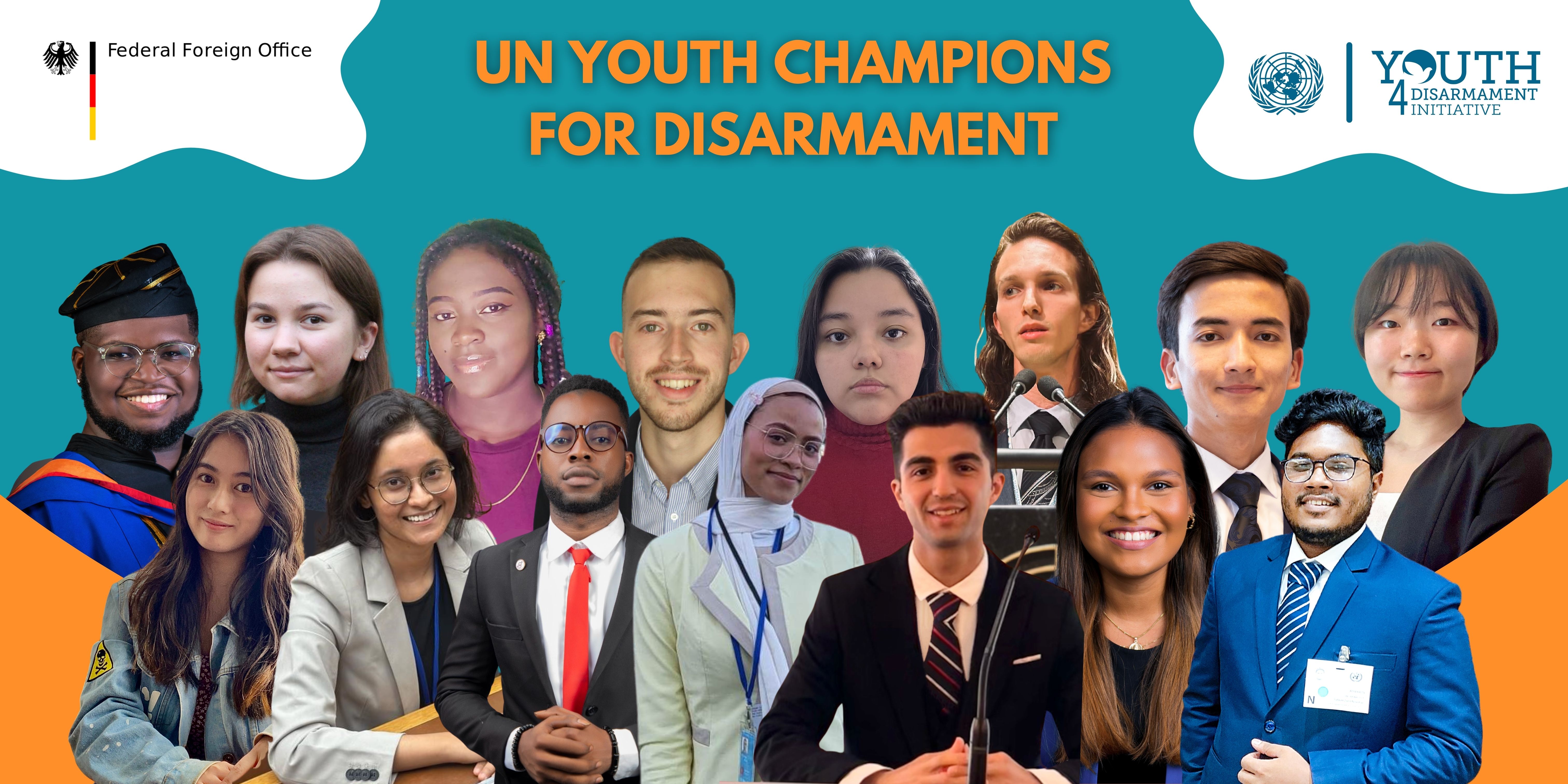 Promotional banner with all of the UN Youth Champions for Disarmament