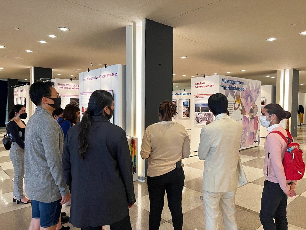 The participants explored the exhibition by Nihon Hidankyo at United Nations Headquarters entitled "Three Quarters of a Century After Hiroshima and Nagasaki: The Hibakusha—Brave Survivors Working for a Nuclear-Free World".